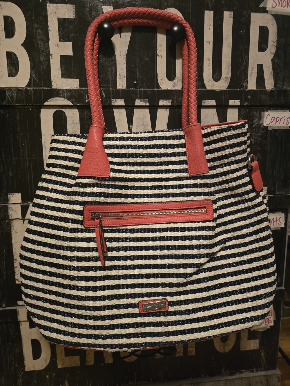 Striped Navy & White Tote with Coral Trim
